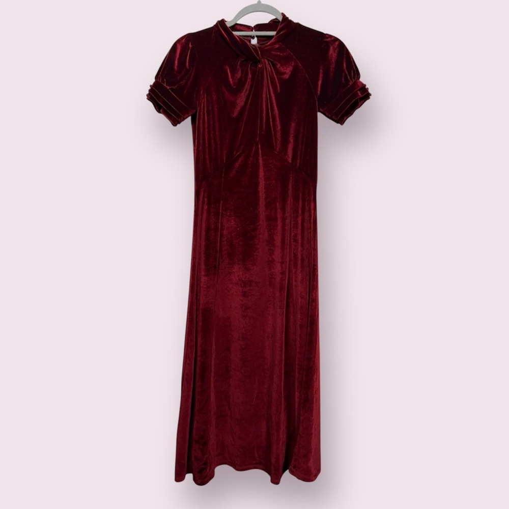 ASOS Burgundy Red Velvet Short Sleeve Midi Dress